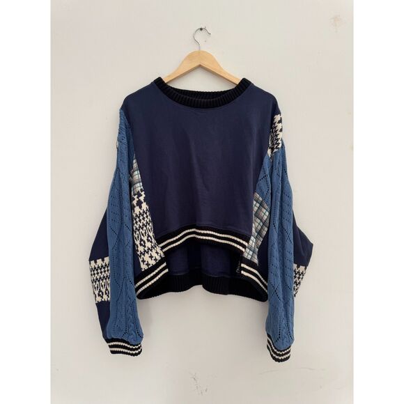 Pilcro Tops - Anthropologie Pilcro Mixed Media Patchwork Cable Knit Sweater Navy L